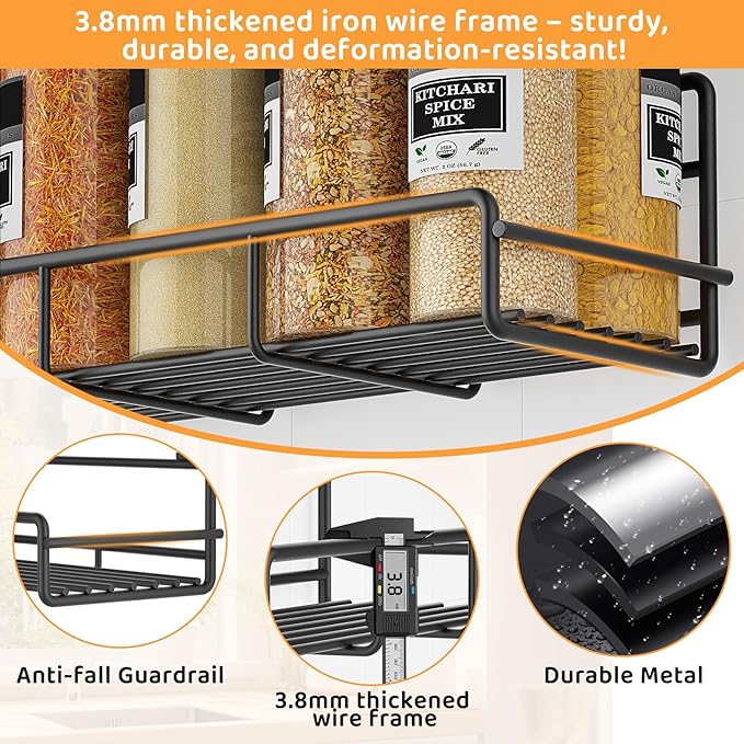 2 Pack Wall Mount Spice Rack Organizer, for Kitchen Pantry Door Storage and Organization, Heavy-Duty Metal Kitchen Spice Rack, Flexible Wall Iron Shelves with Adhesive Hook, Black