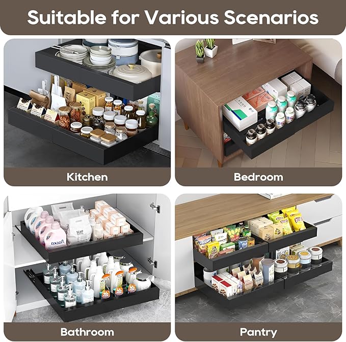 Expandable Pull Out Cabinet Organizer 21" Deep, 3 Rails Slide Out Drawer for Kitchen Cabinet, Adjustable No Drill Roll Out Shelf Adhesive with Nano Film 12.2"-20.5" W Black 1 Pack