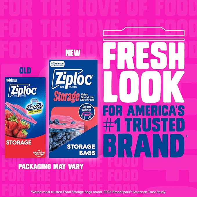 Ziploc Quart Food Storage Bags, Stay Open Design with Stand-Up Bottom, Easy to Fill, 80 Count
