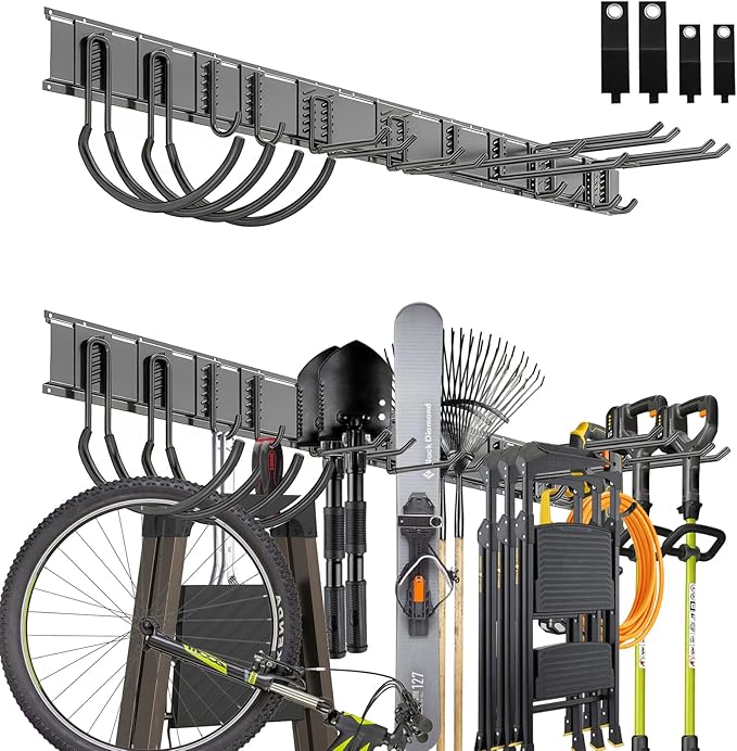 Garage Tool Organizer Wall Mount, 64 inch Garage Wall Organizer, 680lbs Sturdy Garden Tool Organizer with 10 Adjustable Hooks, for Yard, Shed, Basement, Workshop(Black)