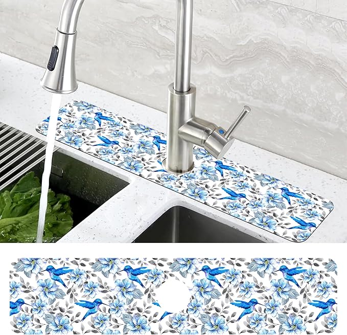 Kitchen Sink Splash Guard Faucet Mat Blue Floral and Hummingbird Absorbent Fast Drying Mat Faucet Draining Mat Sink Splash Guard Behind Faucet Drip Catcher for Kitchen Bathroom 24" X 5.5"