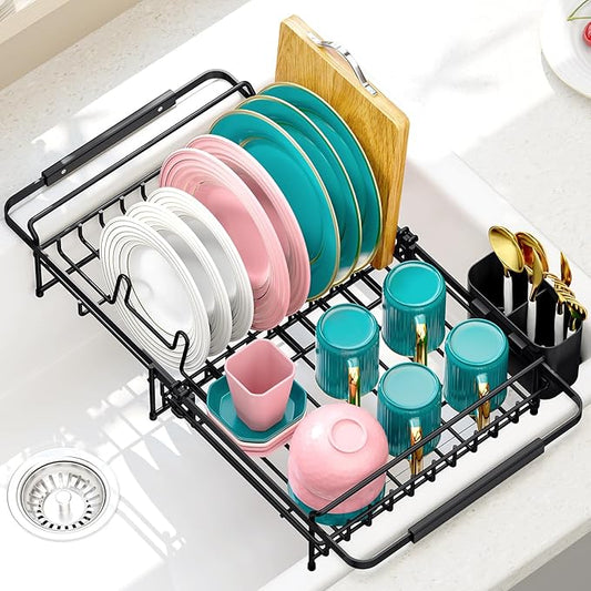 Expandable in Sink Dish Drying Rack - Adjustable Dish Rack Over Sink, Rustproof Dish Drainer for Kitchen Counter, Dish Strainer with Utensil Holder, Fit Kitchen for 13"-18"