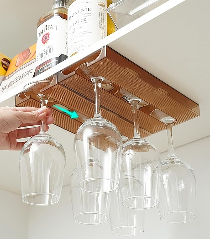 Wine Glass Holder,Under Shelf Cabinet Wine Glass Rack, Plastic Stemware Rack,Glassware Drying Storage Hanger for Kitchen,Bar and Restaurant (Brown)