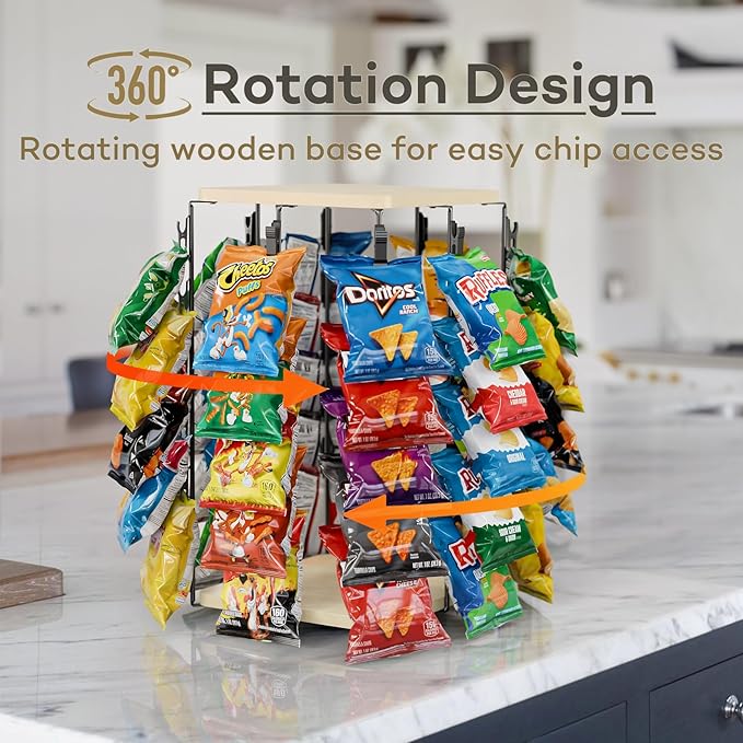 Funturbo Chip Rack Display Stand, 360°Rotating Chip Bag Holder with 5 Tiers 40 Clips, Snack Organizer for Countertop, Party, and Concession Stand
