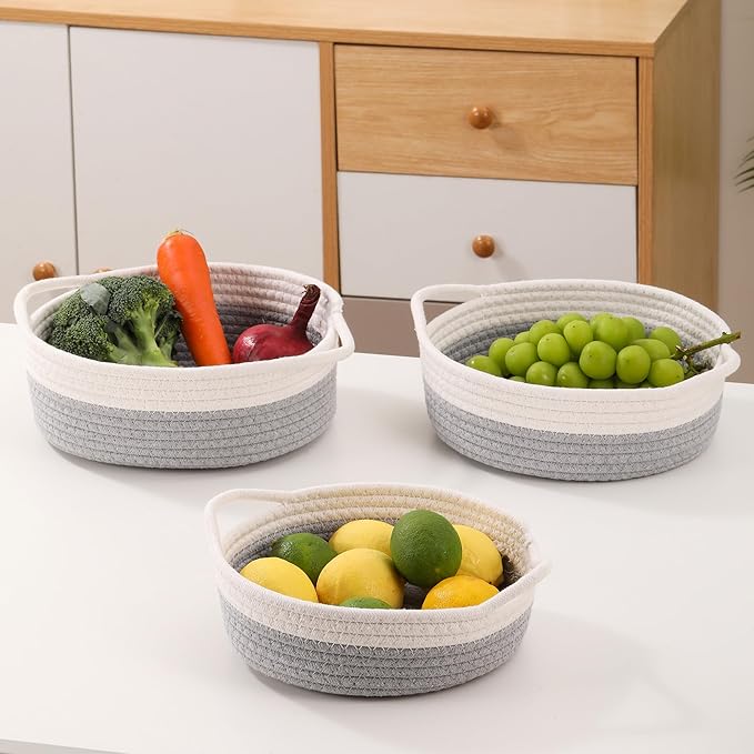 Small Storage Woven Baskets Shelves Natural Cotton Rope Bins with Handle Toilet Tank Paper for Countertop Cute Gifts Organizing Mini Nursery 5 Set box (White & Gray)