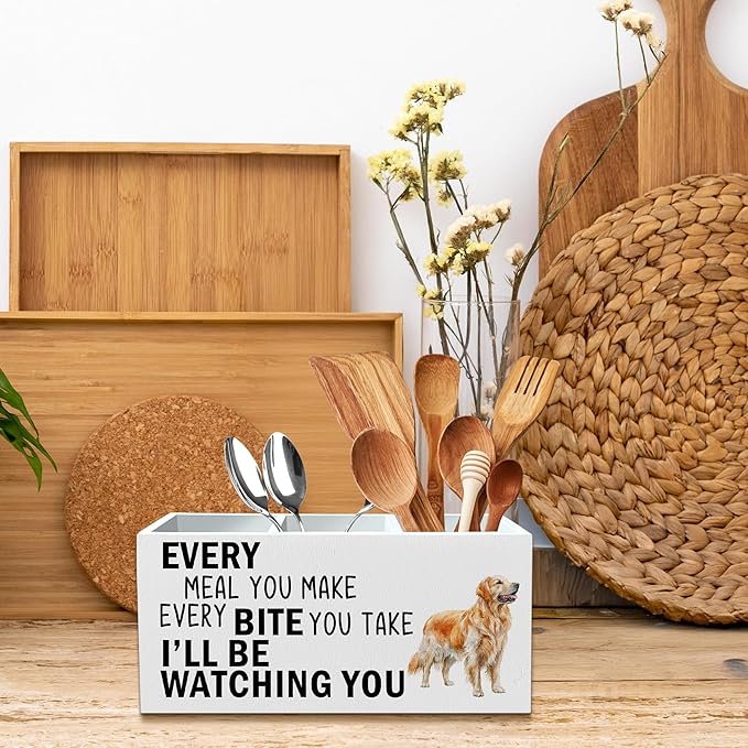 Golden Retriever Dog Kitchen Utensil Holder for Countertop, Dog Decorative Lover Gifts, Funny Every Meal You Make Every Bite You Take Wooden Utensil Holder Organizer for Kitchen Table Decor