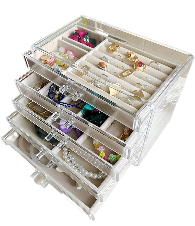 Clear Acrylic Jewelry Organizer with 5 Drawers, Acrylic Jewelry Box with Velvet Trays for Women, Transparent Earrings Display Holder for Storing Necklaces Earrings Rings, Beige
