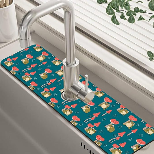 Cute Frog and Mushrooms Dish Drying Mat for Kitchen Sink Splash Guard Behind Faucet Sink Mat Absorbent Fast Drying Faucet Draining Mat for Bathroom Kitchen 5.5"×24"