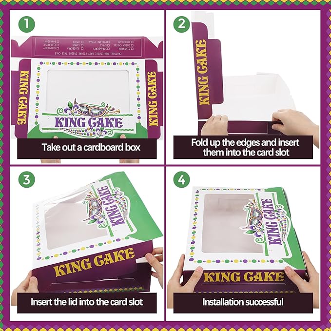 Ctosree 24 Pcs Mardi Gras King Cake Boxes with Window 14 x 10 x 3 Inches Cake Box Rectangle Cake Box Masquerade Party Goodie Gable Boxes for Mardi Gras Cake Decorating Supplies (Square Skylight)