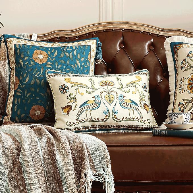 patdrea Designer Rectangle Throw Pillow Covers,Farmhouse Blue Linen with Birds Floral Pattern Pillow Cover,Decorative Lumbar Pillowcases Cushion for Bed Living Room Outdoor Car,12"x20"