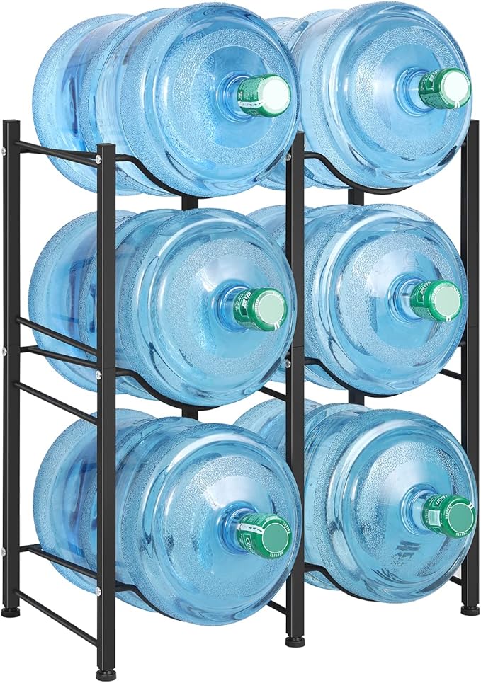 LIANTRAL 5 Gallon Water Bottle Holder, 3 Tiers Black Double Row Heavy Duty Water Cooler Jug Rack, Water Rack with 6 Slots for Home Kitchen