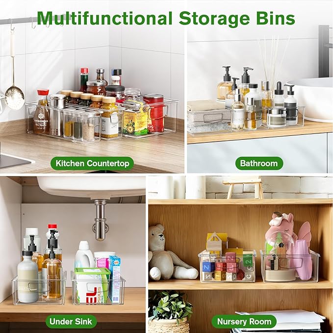 Clear Freezer Organizer Bins, 10 Pack Plastic Storage Bin, Stackable Snack Organizer for Pantry, Fridge Storage Containers with Handle for Cabinet, Kitchen