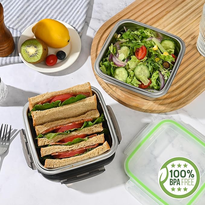 5 Pack Sandwich Containers, 24oz Stainless Steel Sandwich Box with Airtight Lids, Reusable Metal Meal Prep Lunch Boxes, BPA-Free, Dishwasher Safe, Food Storage Containers for Families (Black)