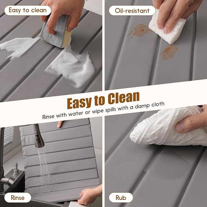 Dish Drying Mat，Stone Drying Mat for Kitchen Counter，Heat Resistant and Super Absorbent Foldable Bath mats,Made of Diatomaceous Earth and Leather.24.8"×15.7" Light Grey