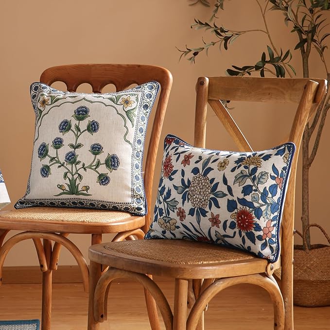 patdrea Designer Throw Pillow Covers,Blue Euro Elegant Linen with Blooming Floral Pattern Pillow Cover,Decorative Square Pillowcases Cushion for Bed Living Room Outdoor Car,18"x18"