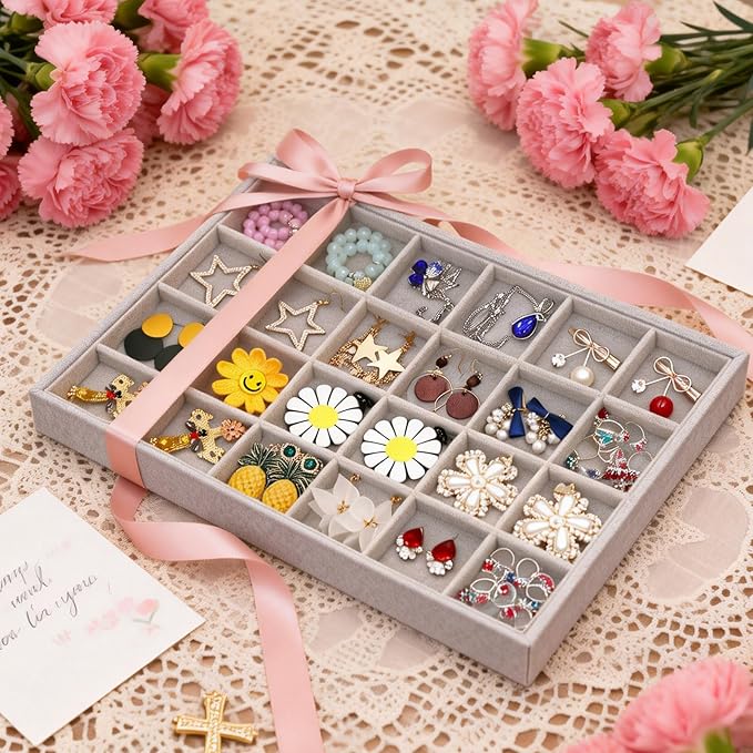 Stratalife Earring Organizer Stackable Jewelry Tray Removable Display Tray Organizer for Jewelry Necklace Earring Drawer Insert 24 Grid Grey