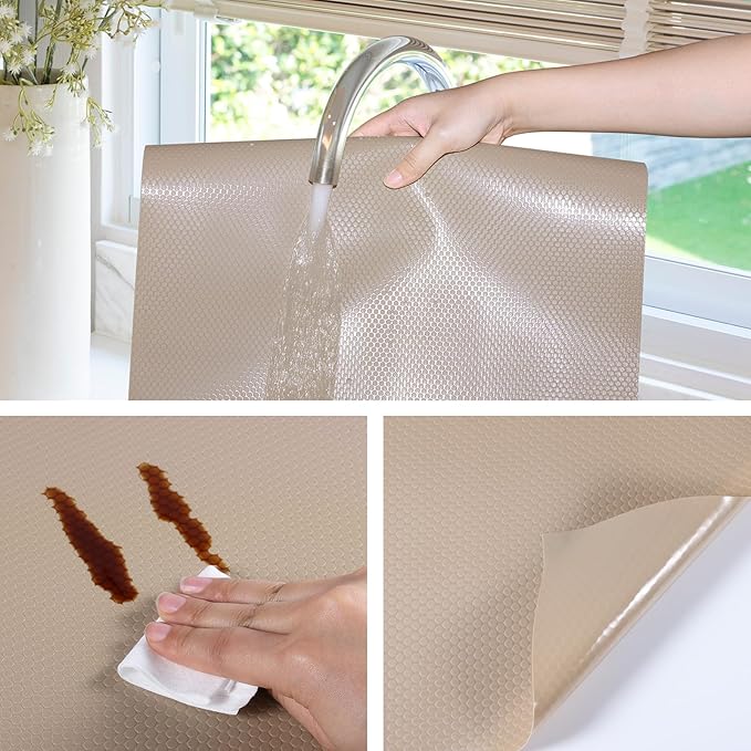 Beige Shelf Liners for Kitchen Cabinets Non Adhesive Drawer Liner for Bathroom Waterproof Refrigerator Liners for Shelves Fridge Plastic Mats Cabinet Cupboard Liner 23.6 x 236.2 Inches