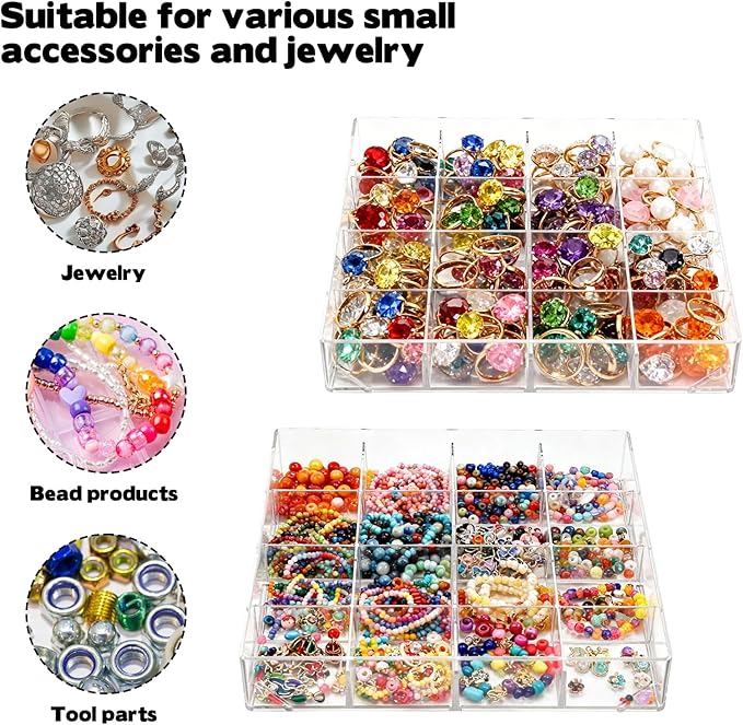Rainmae 2 Pack 16 Grids Jewelry Organizer Box Clear Plastic Bead Craft Jewelry Organizer Display Tray Rock Collection Box Stackable Acrylic Storage Case for Rings Earrings Necklaces Rhinestone