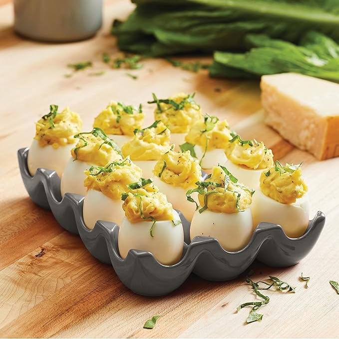 Rachael Ray Solid Glaze Ceramics Egg Tray/Holder, 12 Cup, Dark Gray