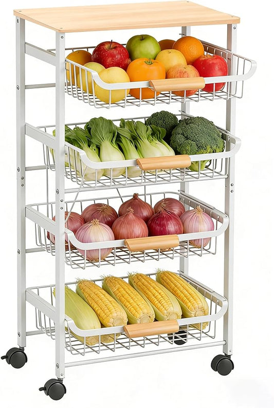 5-Tier Rolling Pantry Floor Storage Cart with Wheels&Wood Top, Large Capacity Kitchen Organization Fruit Wire Basket Stand for Pantry, Bathroom, Living Room,White
