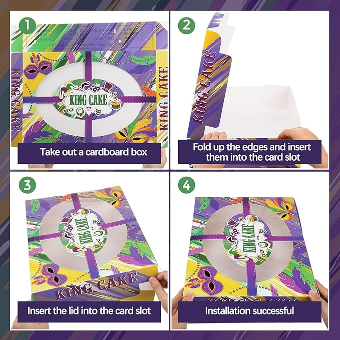 Ctosree 24 Pcs Mardi Gras King Cake Boxes with Window 14 x 10 x 3 Inches Cake Box Rectangle Cake Box Masquerade Party Goodie Gable Boxes for Mardi Gras Cake Decorating Supplies(Round Skylight)
