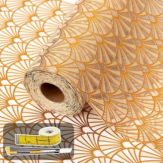 3D Drawer and Shelf Liner for Kitchen Cabinet: 12 in X 20 Ft 3D Waterproof Shelf Paper Non Adhesive Refrigerator Liners Golden Ginkgo Leaf Easy Liners for Bathroom with Knife Tape Measure
