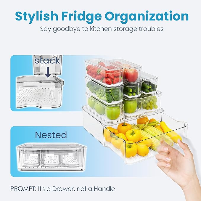 SMRCAD 8 Pack Refrigerator Organizers, Clear Pull-out Drawer Container and Organizer Bins with Lids, Stackable Storage Containers for Fruits, Vegetable (Set of 8 （AU）)