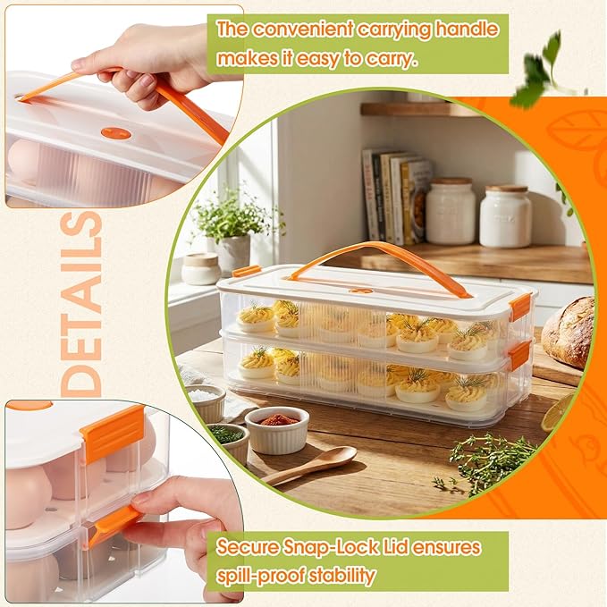 1 Pack Deviled Egg Container with Lid and Handle 2 Layer Deviled Egg Carrier for 30 Reusable Stackable Platter Clear Plastic Storage Tray for Dish Washer Party Home Kitchen Suppies