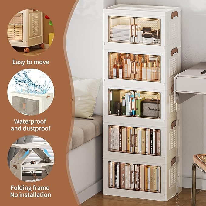 Plastic Storage Cabinet & Snack Cabinet - Stackable, Collapsible Organizer with Doors, Foldable Design for Pantry, Kitchen, Office, Clear Plastic Storage Bins for Space Saving 3PACK(White)