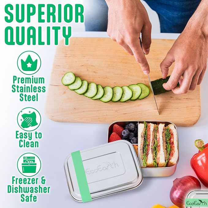 EcoEarth Stainless Steel Bento Box - 27 oz - Leakproof Metal Lunch Boxes for Adults with 3 Compartments - Small Tin Food Containers with Condiment Cups - Snack Box for Work - Green