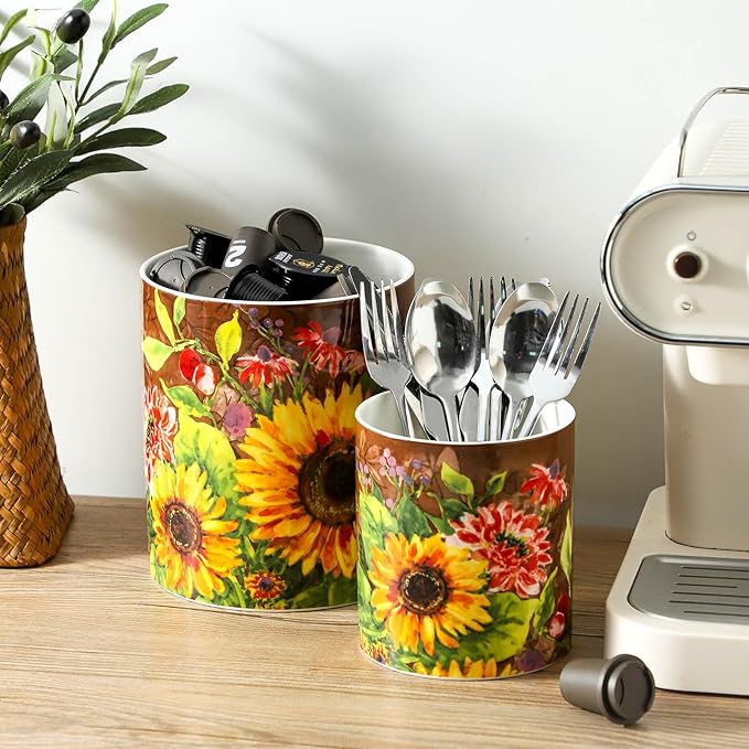 7"+5.3" Oil Painting Sunflower Utensil Holder,Large Kitchen Utensil Holder Organizer,Stable Utensil Crock Spatula Holder for Kitchen Counter Countertop Farmhouse Cooking Tools Holder
