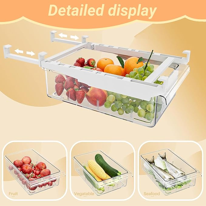 Undershelf Fridge Organizer, Extra-Deep Pull-Out Drawer for Cheese, Meat, and Produce, Clear and Sturdy, Ideal for Refrigerators Under 0.6", Send Goods from Local Warehouse