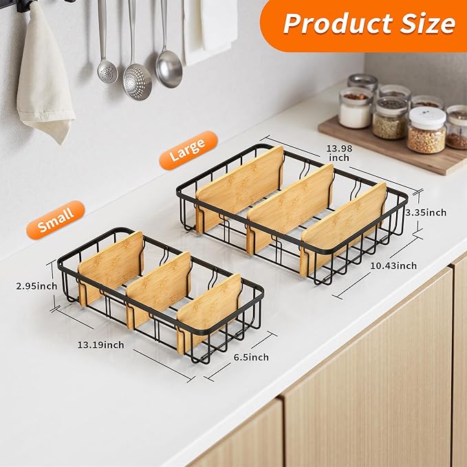 2-Pack Adjustable Lid Organizers - Large Kitchen Cabinet Organizer for Food Storage Container and Tumbler Cup Lids with 6 Bamboo Dividers - Organizers in Kitchen/Pantry/Laundry Room(Size:S+L)