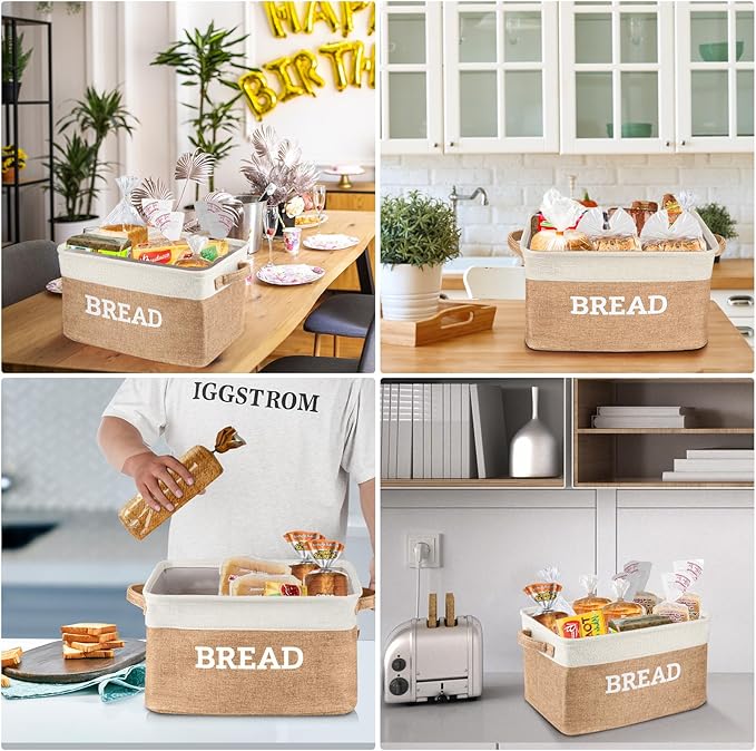 Lukeline Bread Storage Basket for Kitchen, Foldable Fabric Bread Keeper Bread Storage Container Bin with Handles, Bread Baskets for Kitchen Counter and Pantry (White & Beige)