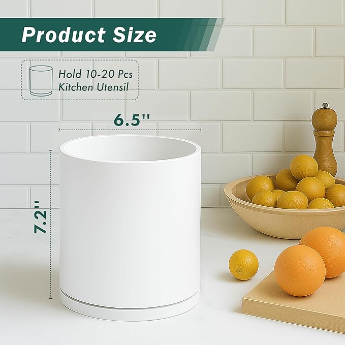 D'vine Dev 360° Rotating Utensil Holder – 7.2" Kitchen Utensil Crock for Countertop, Modern Cooking Tool Organizer for Kitchen Storage & Décor, Set of 2, White, 72-Y-A-2