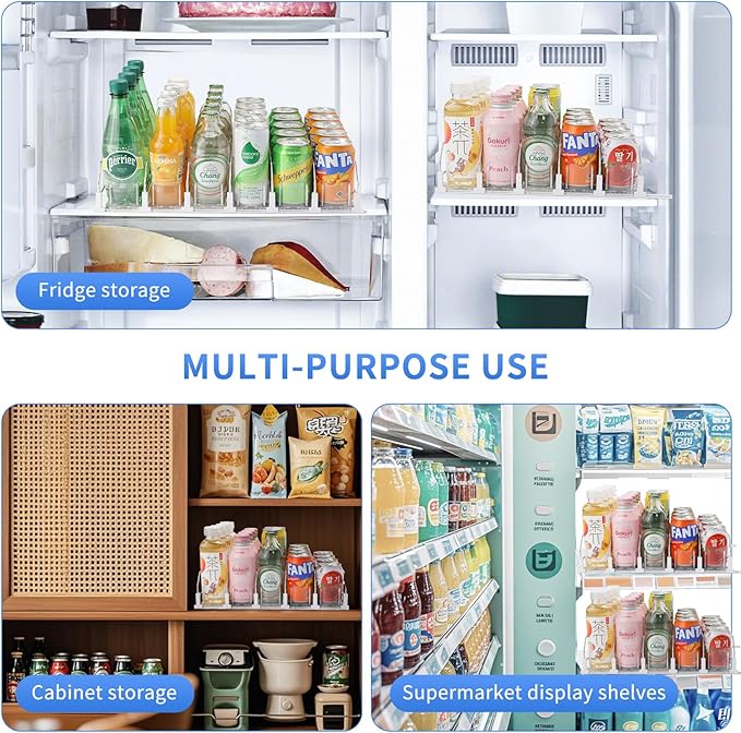 Drink Organizer for Fridge，adjustable soda can and bottled beverage dispenser,automatic sliding , soda can organizer，Holds up to 25 Cans，5 Row