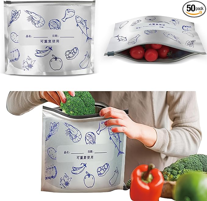Reusable Aluminum Foil Food Storage Bags, Foil Storage Bags for Food, Reusable Food Storage Bags for Freezer & Refrigerator, Reduce Waste, Keep Food Fresh, Writable Label (50-Pack, 6.7Wx8.8H)