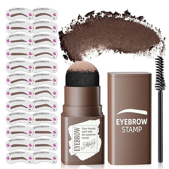 Eyebrow Stamp Stencil Kit - Eye Brow Stencil Kits with Eyebrow Blush, Long-lasting Waterproof & Smudge-Proof Eyebrow Shaping Kit with 24 Reusable Eyebrow Stencils for Perfect Brow(Dark Brown)