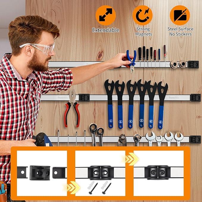 24" Magnetic Tool Holder Strip, 4 Pieces Silver Metal Tool Organizer Rack with Stainless Steel Surface, Magnet Bar for Garage Workshop, Easy To Install with Mounting Screws
