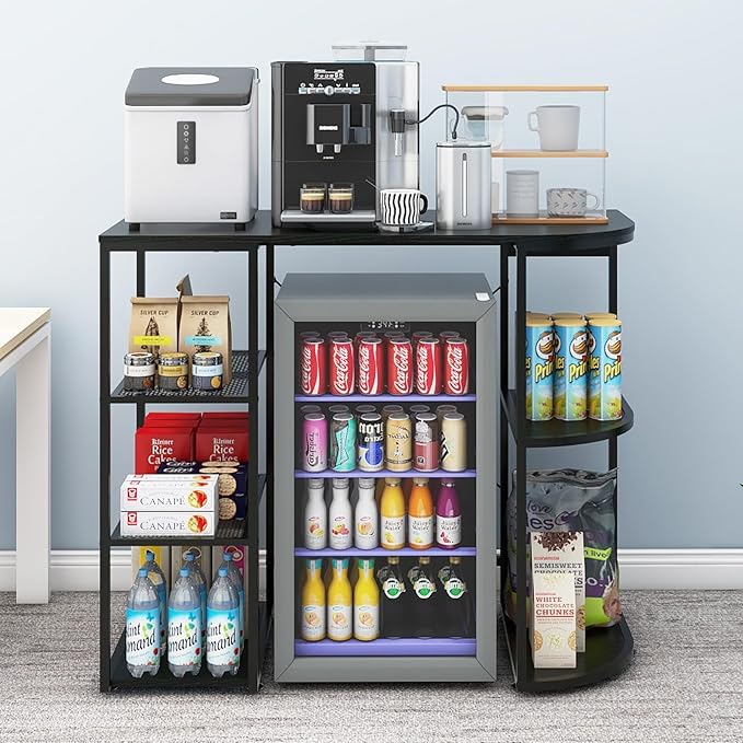 PUNCIA Mini Fridge Cabinet with Power Outlet – Coffee Bar Cabinet with Refrigerator Space and Storage Shelf Beverage Wine Cooler Stand Microwave Oven Rack for Dorm Apartment or Dorm Use
