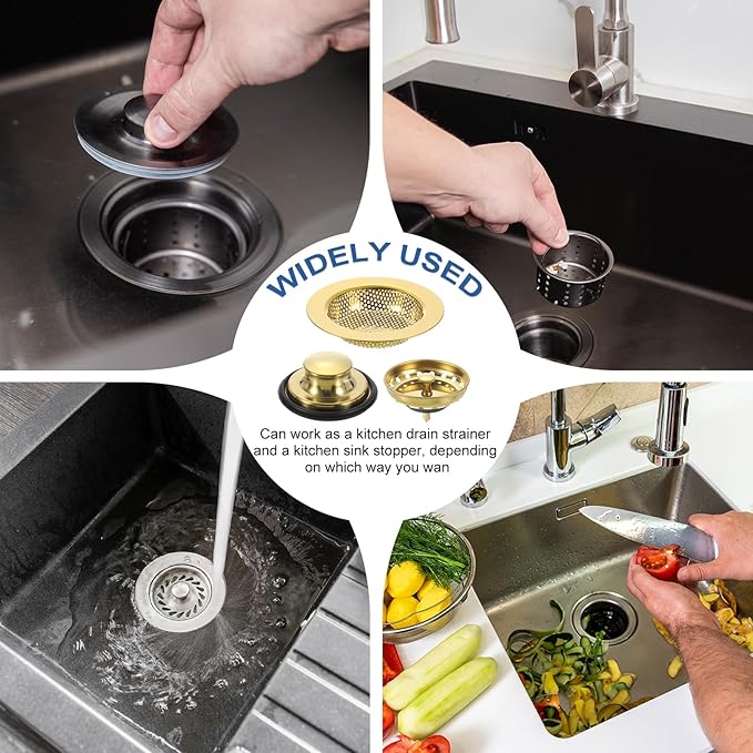 uxcell 3 Pcs Kitchen Sink Drain Strainer Light Gold, Stainless Steel Kitchen Sink Strainer and Stopper, Anti-Clogging Basket with Handle, for Most Kitchen Sink Strainer Replacement