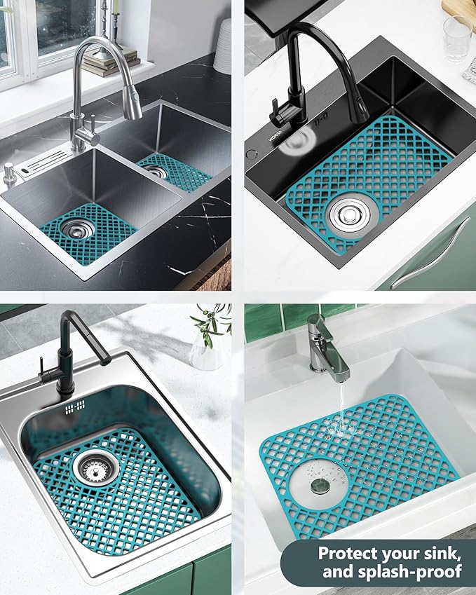 BEHOK 2 Pack Silicone Sink Protectors for Kitchen Sink, Lozenge Pattern 13 x 11 Inches Sink Mat, Non-Slip and Durable Sink Protector Silicone, Rear Drain, Green
