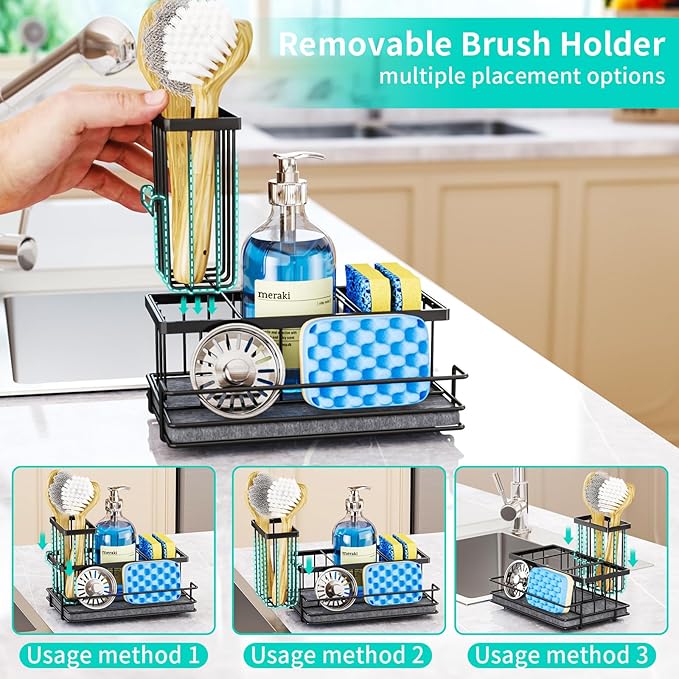 HapiRm Sink Caddy Sponge Holder - Kitchen Sink Organizer with Instant Drying Stone and Brush Holder, Stainless Steel Sponge Caddy for Kitchen Countertop - Black