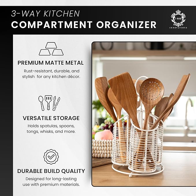 Rotating Utensil Holder with 3 Compartments & Cork Bottom – Premium Matte White Metal + 9-Piece Acacia Wood Kitchen Utensil Set – Countertop Organizer for Cooking Tools, Housewarming & Holiday Gifts