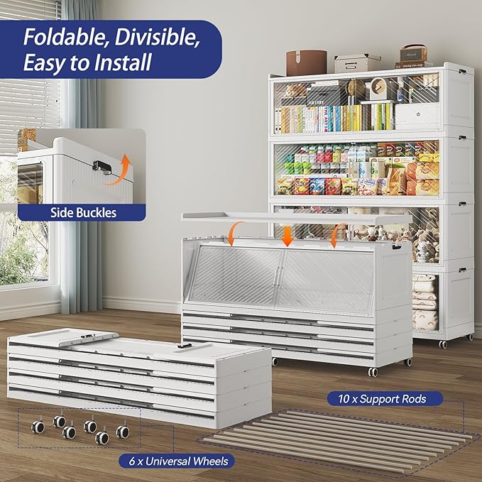 Fangtueh 150 Gallon Extra Large Collapsible Storage Bin with Lid, 960QT Stackable Plastic Organizer with 6x Wheels, Foldable Drawer Cabinet for Closet, Living Room Office, Kitchen 3Pack, White