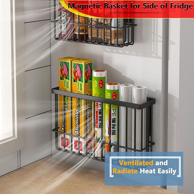 Winbell Magnetic Basket Kitchen Refrigerator Organizer Foil and Plastic Wrap Organizer for Fridge Heavy Duty Metal Storage (10.25" L x 3.2" W x 6" H, White)
