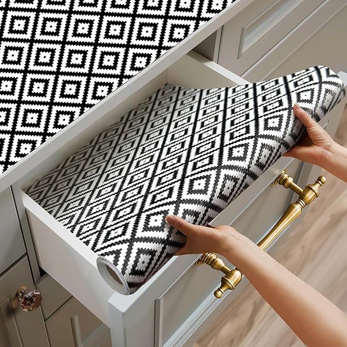 Quttisay Shelf Liner for Kitchen Cabinets,Non Adhesive Cabinet Liner,Non-Slip Drawer Liner,Waterproof Shelf Liner Easy to Clean Strong Grip Liner for Cabinets,Drawers,(Geometric 12 in x 16.4 FT)
