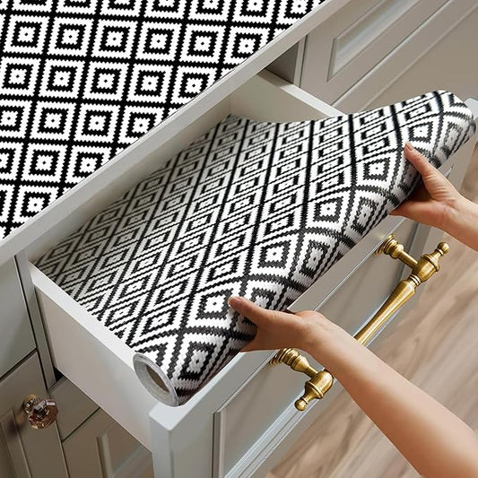 Quttisay Shelf Liner for Kitchen Cabinets,Non Adhesive Cabinet Liner,Non-Slip Drawer Liner,Waterproof Shelf Liner Easy to Clean Strong Grip Liner for Cabinets,Drawers,(Geometric 12 in x 16.4 FT)