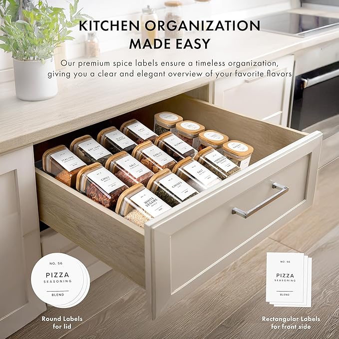 Minimalist Spice Container Labels Self-Adhesive - 160 Stickers for Spice Jars, Spice Jars & Drawers, Round & Rectangular, Waterproof Spice Organiser Labels for Kitchen Organisation (White)
