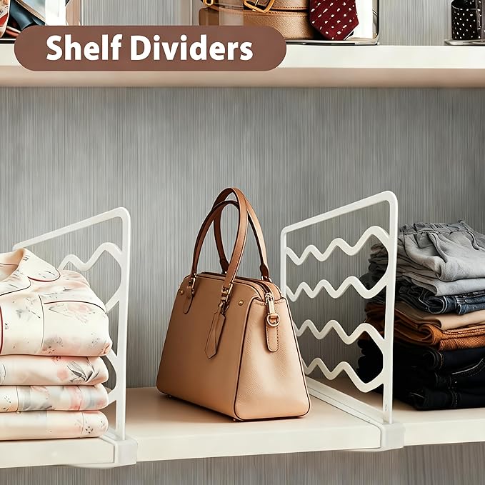 2-PCS Plastic Shelf Dividers, Closet Organizers & Storage for Closet, Shelf, Kitchen, Pantry, Bathroom & Office, Organizer for Clothes, Books, Towels, Purses (White 2-PCS)
